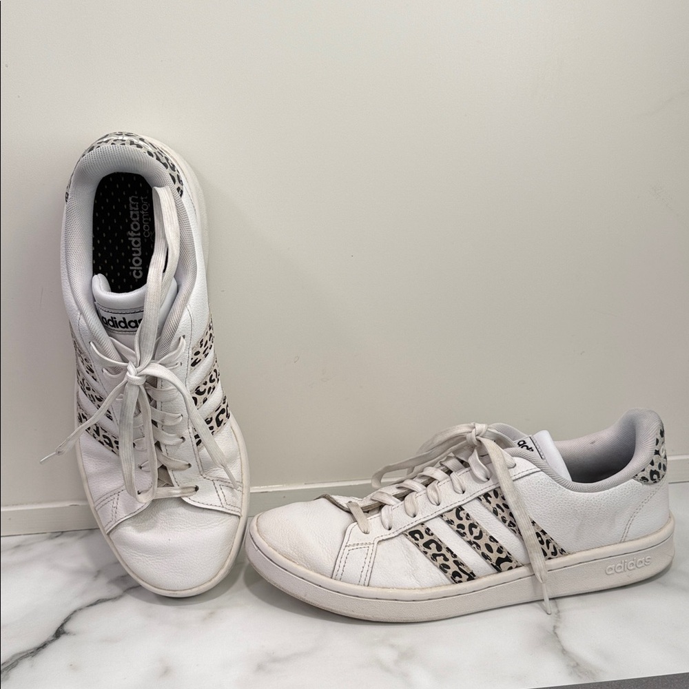Adidas White Grand Court sneakers with Leopard-Print Stripes women’s 10